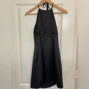Sky and Sparrow Elegant Black Halter Satin Mini Dress